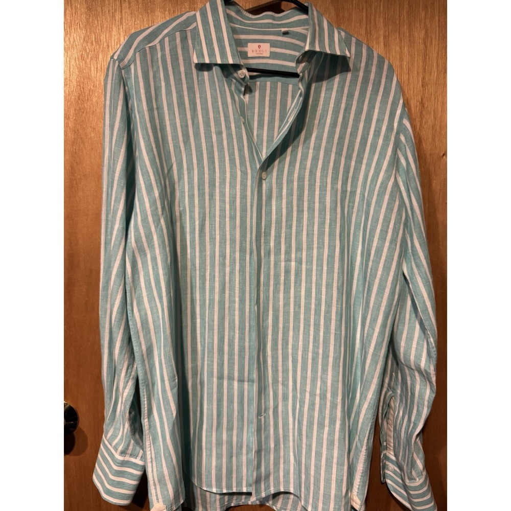 Bruli | Mens Teal Stripe Long Sleeve Button Down Collar Linen L Dress Shirt (P1)